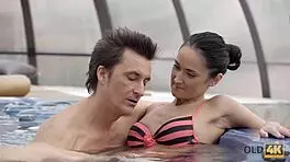 Dark-haired miniskirted Angie Moon has sex after swimming