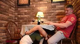 Crazy hot girl sucking dick under the table in the cafe, so wild!