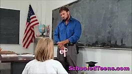 This dirty slut in college sucks and fucks her teacher, flashing small tits.