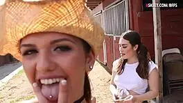 Two country teens and a city girl engage in outdoor lesbian oral