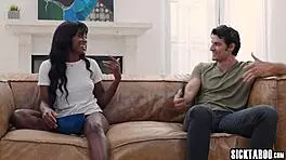 A black horny teen, Nicole Kitt, is having sex with a man with a big cock in different positions