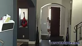 Latina Teen Evelyn Rosa Tastes Stepmom's Shaved Hairless Pussy in Lesbian Scissoring Squirting Session