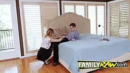 Stepsis plays with stepbro in bedroom