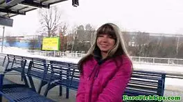 brunette slut swallowing cum in public pov blowjob.