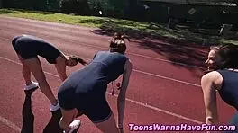 Athletic lesbian teens party in spandex.