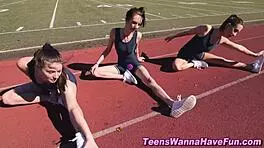 Athletic lesbian teens party in spandex.