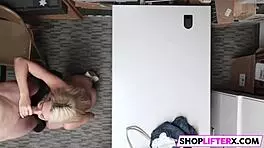 Blonde burglar Jessica steals but finds big cock in shop.