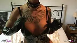 Old man with a small cock takes pictures of himself having sex for German teenager girl in latex outfit