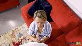 shame4k blonde mature gets turned on seeing her patient naked in the office.