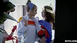 Fresh teen cosplay babes with no hair on their bodies have group sex with more partners