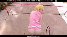 Princess Peach Cosplay this time inserting young Lilly Bell enjoying Mario tennis parody hardcore
