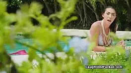 Wet Mermaid Rides Big Cock By The Pool