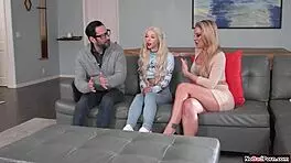 Threesome sex with slutty blonde babe deepthroating a cock and two cougar MILF