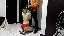 Fresh from the shower, I tease delivery man in panties for wild 69 standing.