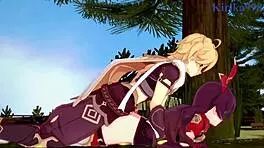 Amber and Fischl Fuck Aether in Genshin Hentai