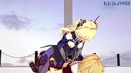 Amber and Fischl Fuck Aether in Genshin Hentai