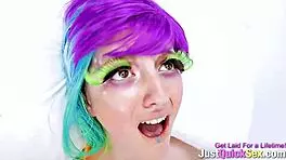 Rainbow haired teen explores deep throating in spandex