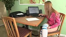 Blonde teen gives handjob to big cock