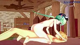 Sucrose And Hu Tao Feel Intense Pleasure With Aether.