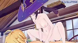 3D porn featuring Mona, Kirara, and Aether in action