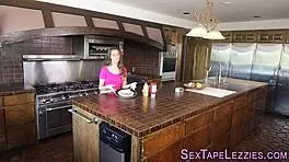 Teen lesbians lick pussy on counter