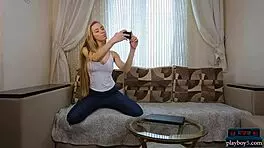 blonde teen feels thrilled exposing her shaved pussy in selfies