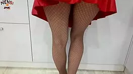Torn pantyhose and creamy solo play from a horny housewife