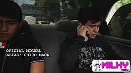 Police officers meet a street entertainer for a quick chat