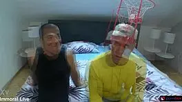 A football fan is having fun with the stepson