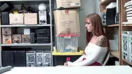 Horny officer catches redhead teen, 'Take my monster cock'