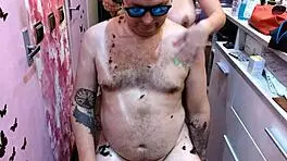 barber babe shows off natural tits