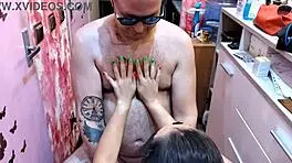 barber babe shows off natural tits