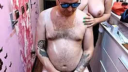 barber babe shows off natural tits