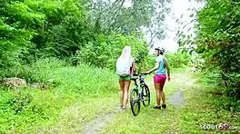 oh wow, these skinny virgin teens are having first lesbian sex outdoors!