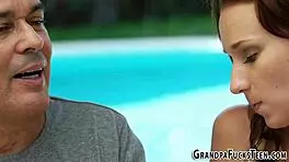 Brunette teen sucks grandfather's cock outdoor.