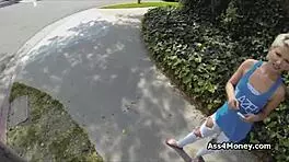 Sunny enjoys doggystyle with a broke blonde teen outdoors