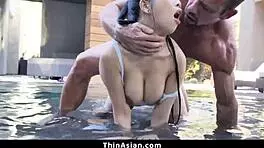 Does this tiny asian slut smile while cumming on his fat dick?