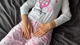 Horny teen in pajama masturbate fingering pussy squirting and get cumshot from big dick