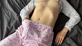 Horny teen in pajama masturbate fingering pussy squirting and get cumshot from big dick