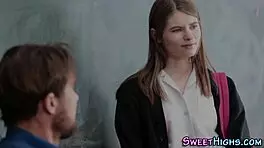 Young teen coed in uniform sucks cock intensely, showcasing small tits for cumshot in hardcore HD.