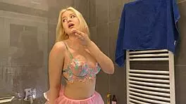 Blonde College Girl In Hot Lingerie Shows Booty And Assets