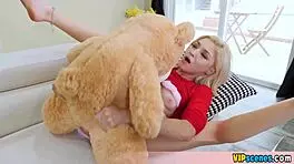 Cute blonde petite gf fucks teddy bear