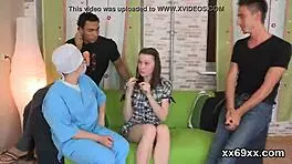 dude assists with hymen check-up and penetrating virgin teen 18+ in shaved group defloration close-up 😈