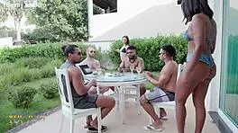 Naughty brasilians get double anal fucked by four studs