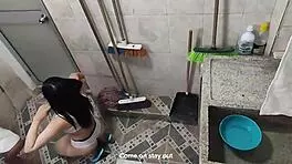 Perverted guy records cute babe while she washes, she sucks it all