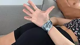 Blonde friend thrives on bound hand sucking