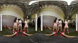 Sexy babes tag team gym stud