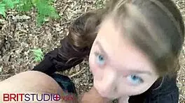 Hot young woman gives pov outdoor blowjob