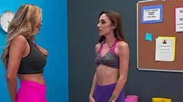 Teen babe licks yoga instructor's shaved pussy for first time