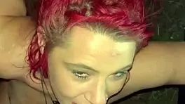 Redhead streetwalker strips naked to suck dick in truck backseat lets guy cum in whore mouth